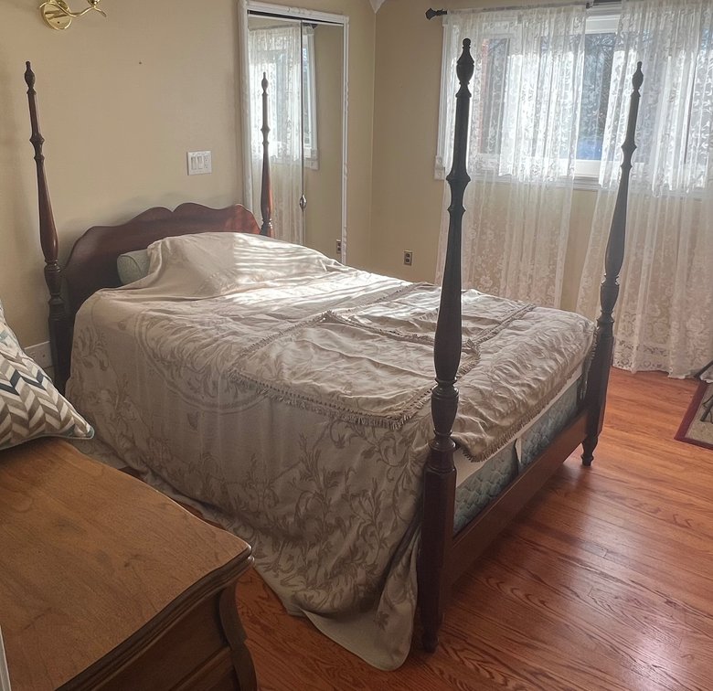 Wood Four-Poster Bed Frame with Bedding & Pillows