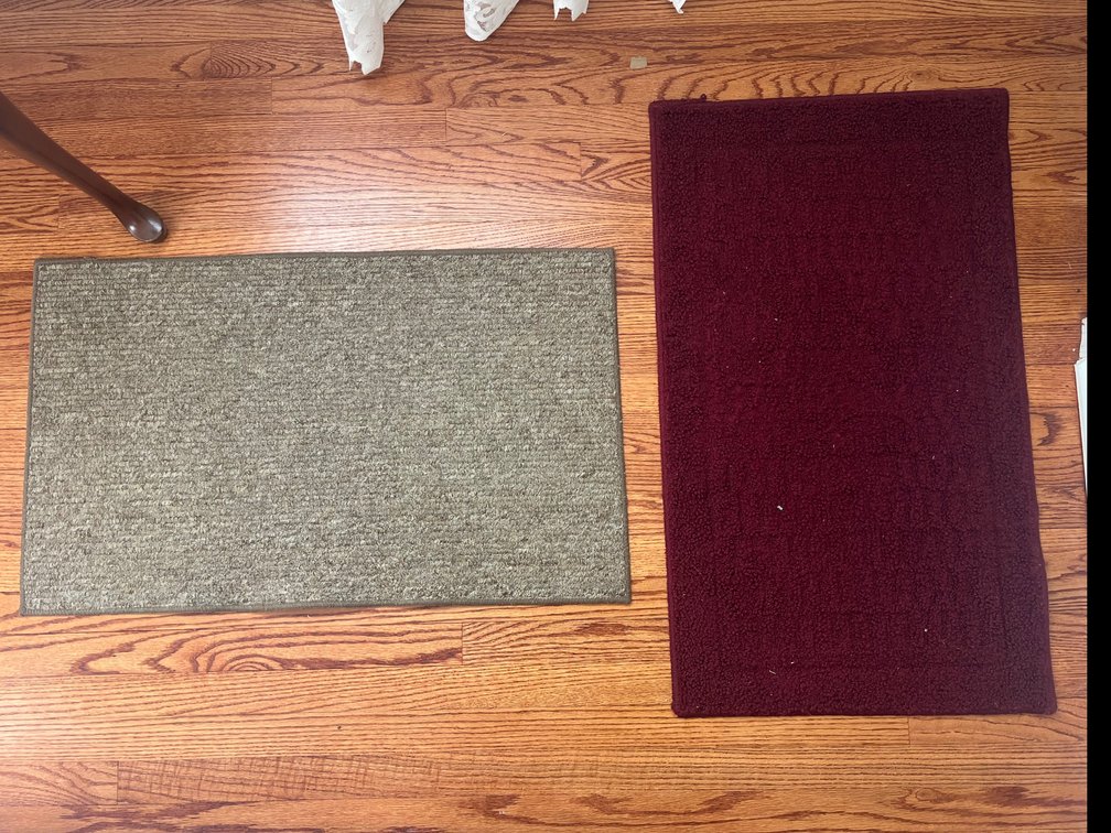 Two Floor Rugs: One Maroon Plush, One Taupe Low-Pile
