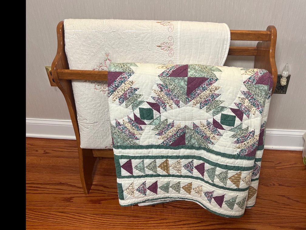 Two Quilts/Coverlets and a Wood Display Rack