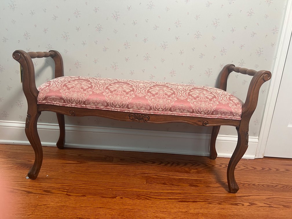 Upholstered Wood Bench with Cabriole Legs, Damask