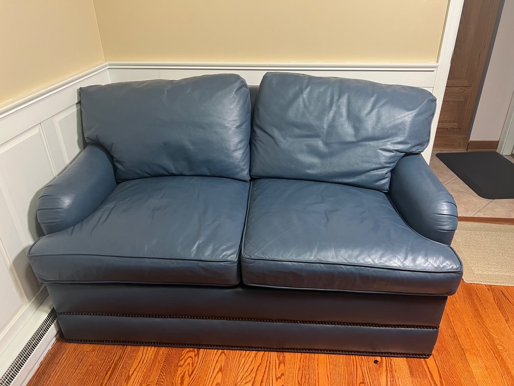 Blue Leather Loveseat with Nailhead Trim