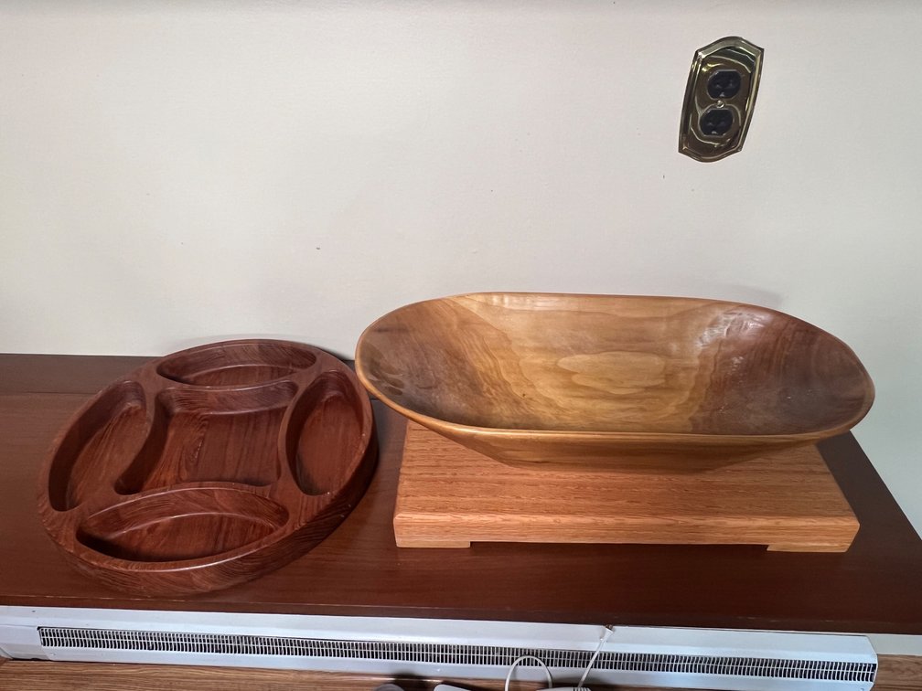 Wooden Divided Serving Tray and Elongated Bowl and riser