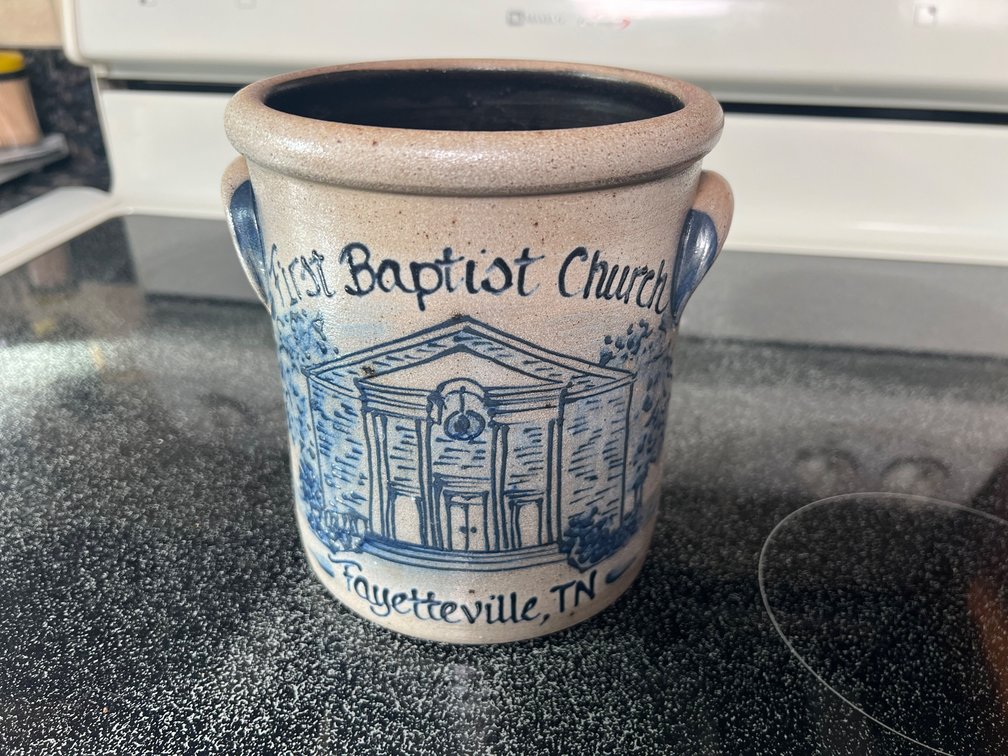 Rowe Pottery 1992 Stoneware Crock Fayetteville TN Church