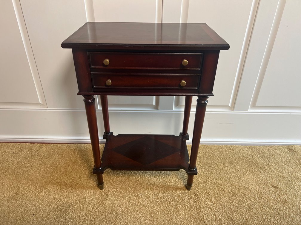 Wood Side Table with Diamond Inlay, Drawer, and Casters