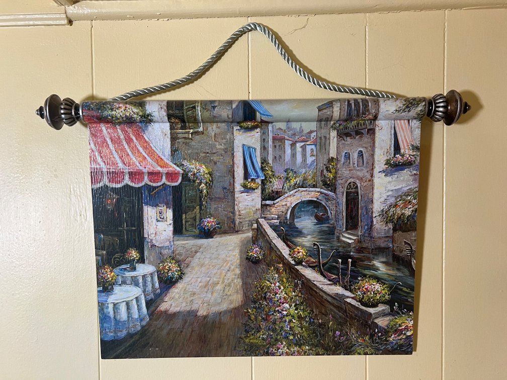 Four Framed Artworks and European Scene Tapestry