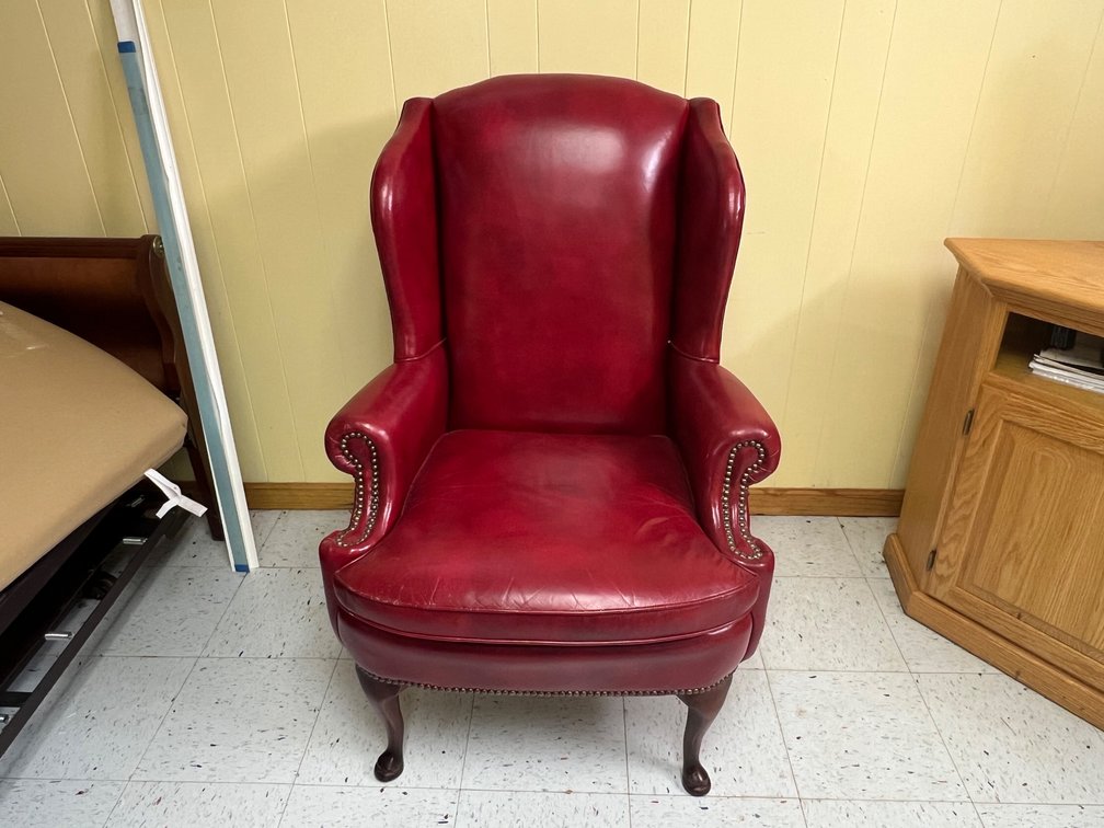 Red Leather Wingback Armchair with Nailhead Trim