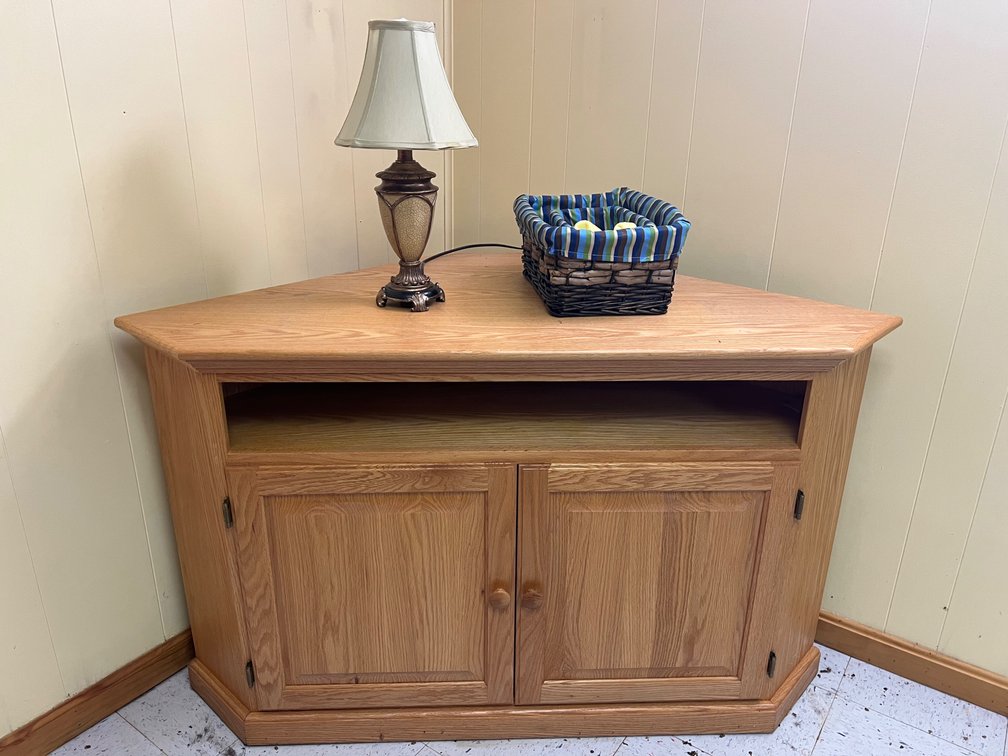 Oak Corner Media Stand Cabinet with Storage
