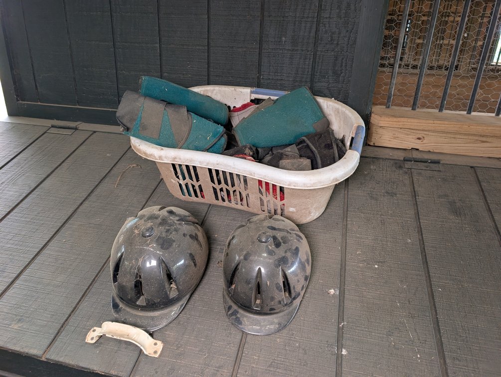 Two Riding Helmets and Splints