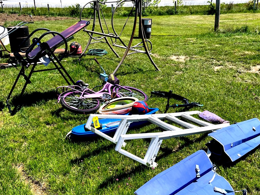 Outdoor Fun & Fitness - Kelsyus blue folding canopy chairs (Two), Teeter Hangup Inversion table, Huffy Bicycle, LaScoota Scooter, Snow Sleds, Pool Ladder, & Metal Swing Frame