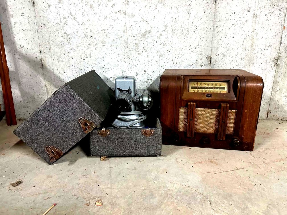 1940s Silvertone Battery Operated Tube Radio, Vintage Projector (in box), Vintage Blue Suitcase, Four Pairs of Shoes, Various scarfs & gloves