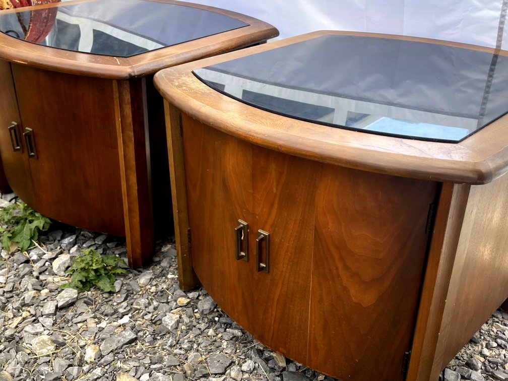 Two Glass-Top End Tables with Double Doors