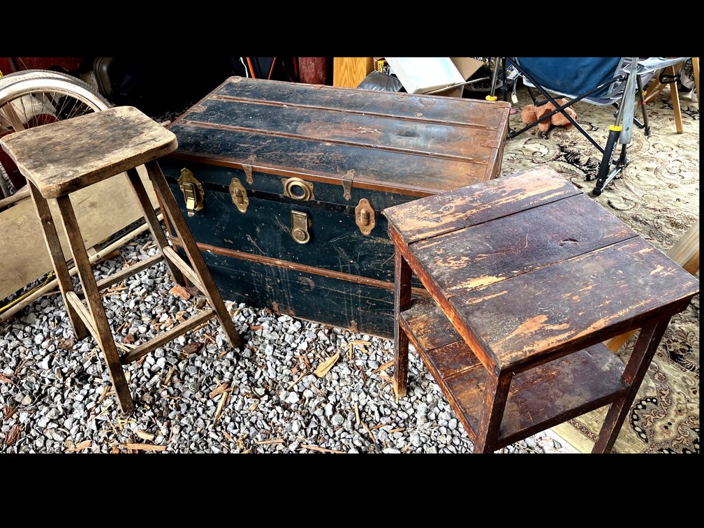 Vintage Steampunk Trunk & Two Antique Tables