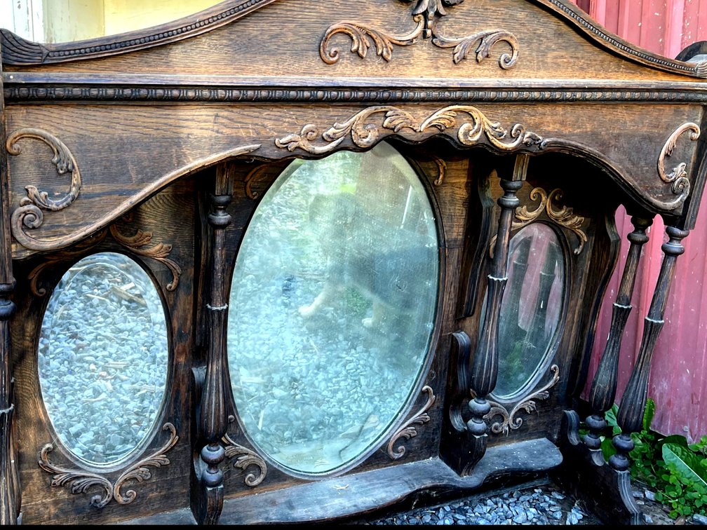 1800s Saloon Mirrored Organ Topper, Two old rocking chairs, Table frame, Antique Wall Clock