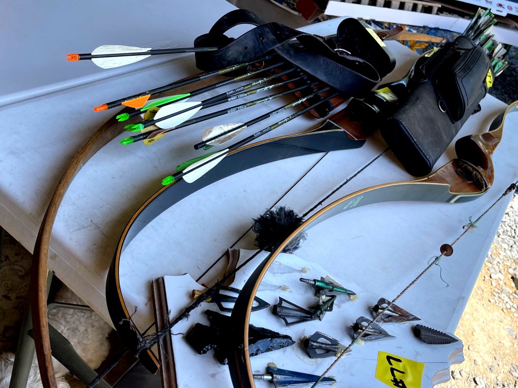 Recurve Bows with Arrows (Count of Three) & Arrowhead Collection, leather archery quiver