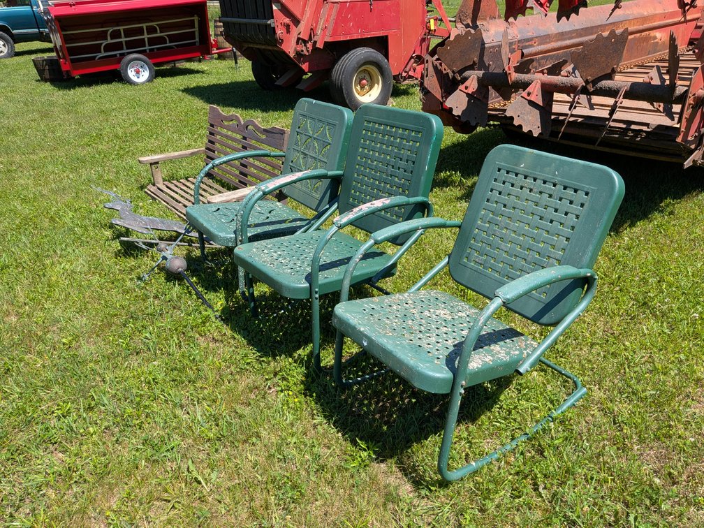 Stag Weathervane, Three Metal Chairs, Wooden Swing Bench