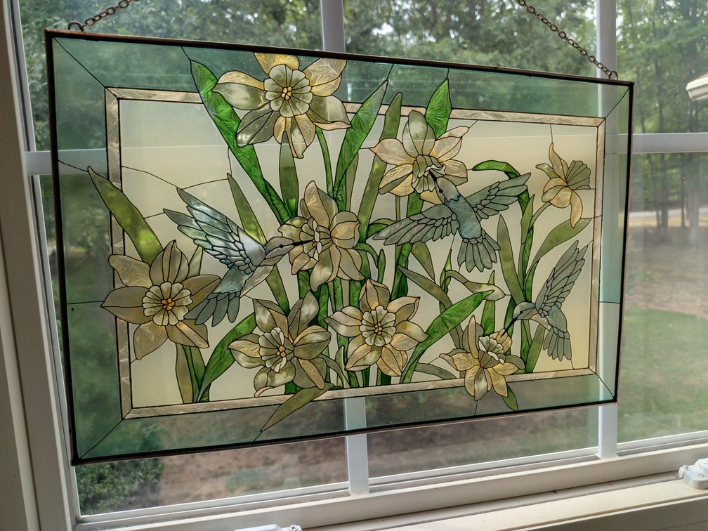 Stained Glass Hummingbird & Daffodil Panel