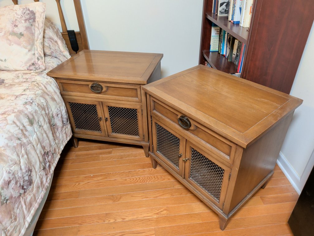 Pair of Vintage Wooden Nightstands with Wire Mesh Doors