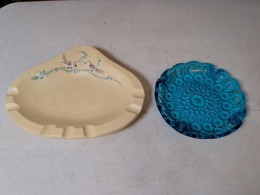 Hall Ceramic & Blue Pressed Glass Ashtrays