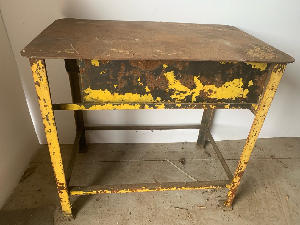 Industrial Steel Work Table with Drawer and Contents