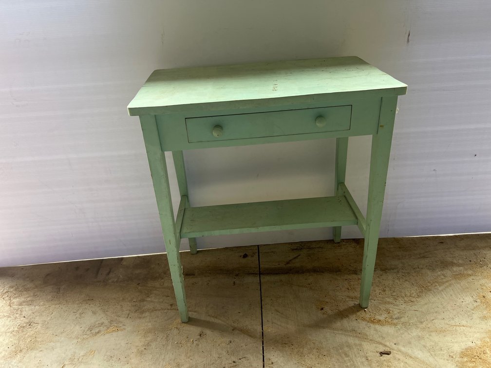 Light Green Painted Wood Side Table with Drawer and Shelf