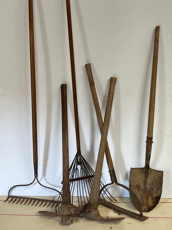Garden Rakes, Square-Edge Shovel, Mattock, and Lawn Tools