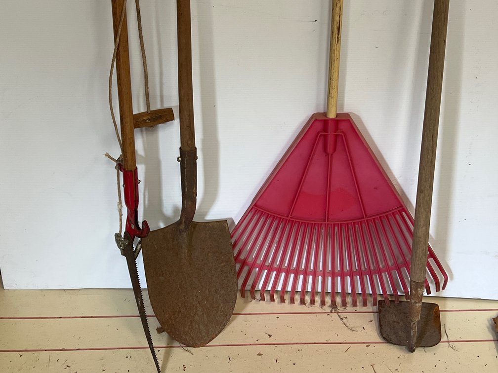 Pole Pruner, Digging Shovel, Leaf Rake, and Garden Hoe