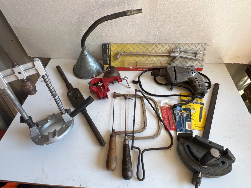 Electric Drill, Miter Gauge, Vise, Saws, and Workshop Tools