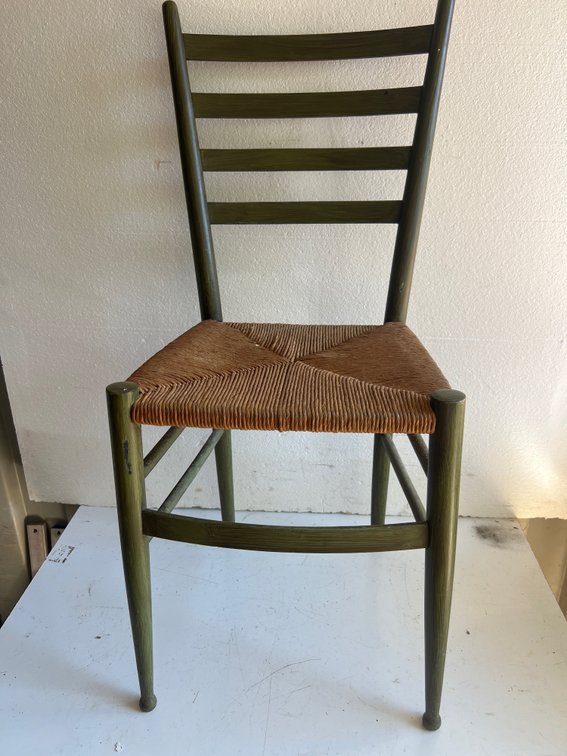 Olive Green Painted Ladder-Back Chair with Woven Seat