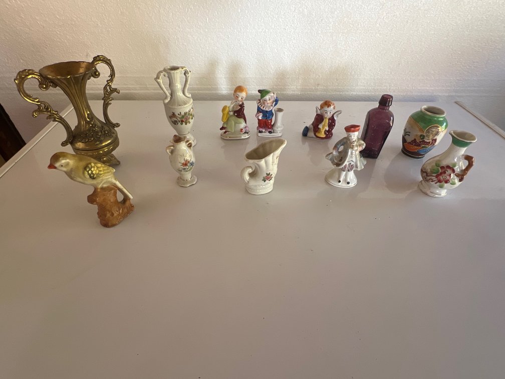 Miniature Porcelain Figurines, Vases, and Glass Bottle