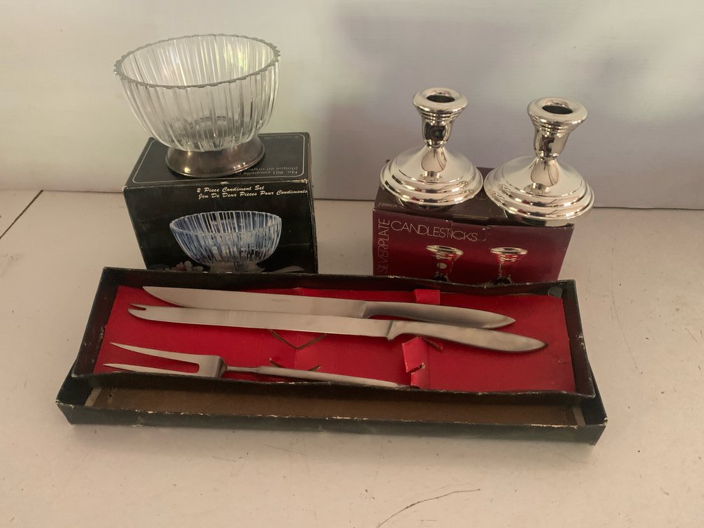 Silverplate Candlesticks, Condiment Bowl, and Carving Set