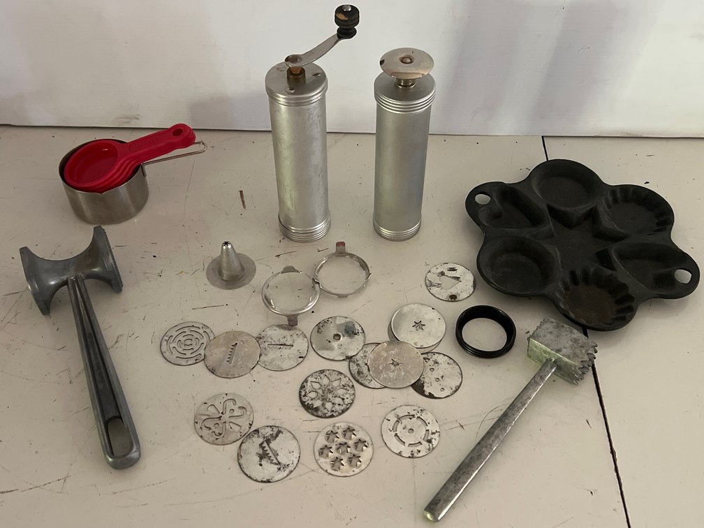 Cookie Presses, Cast Iron Mold Pan, and Kitchen Utensils