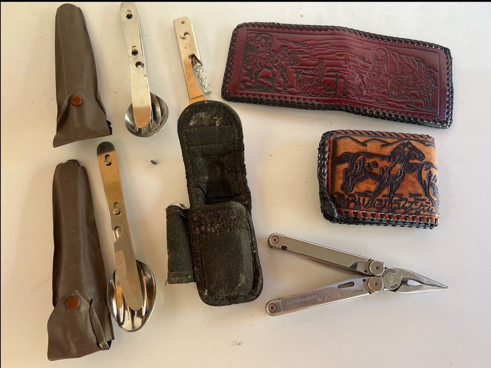 Leatherman Multi-Tool, Camping Cutlery Sets, and Tooled Leather Wallets