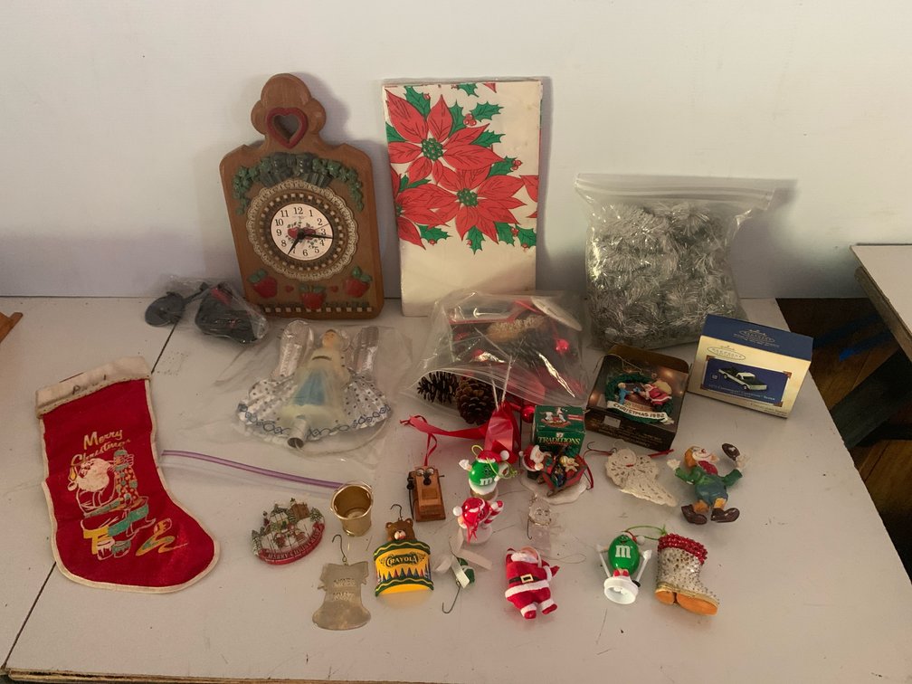 Holiday Decorations, Christmas Tree Ornaments, and Wall Clock