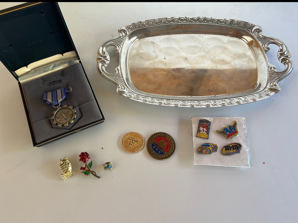 Silver-Tone Tray, Military Medal, Challenge Coins, and Pins