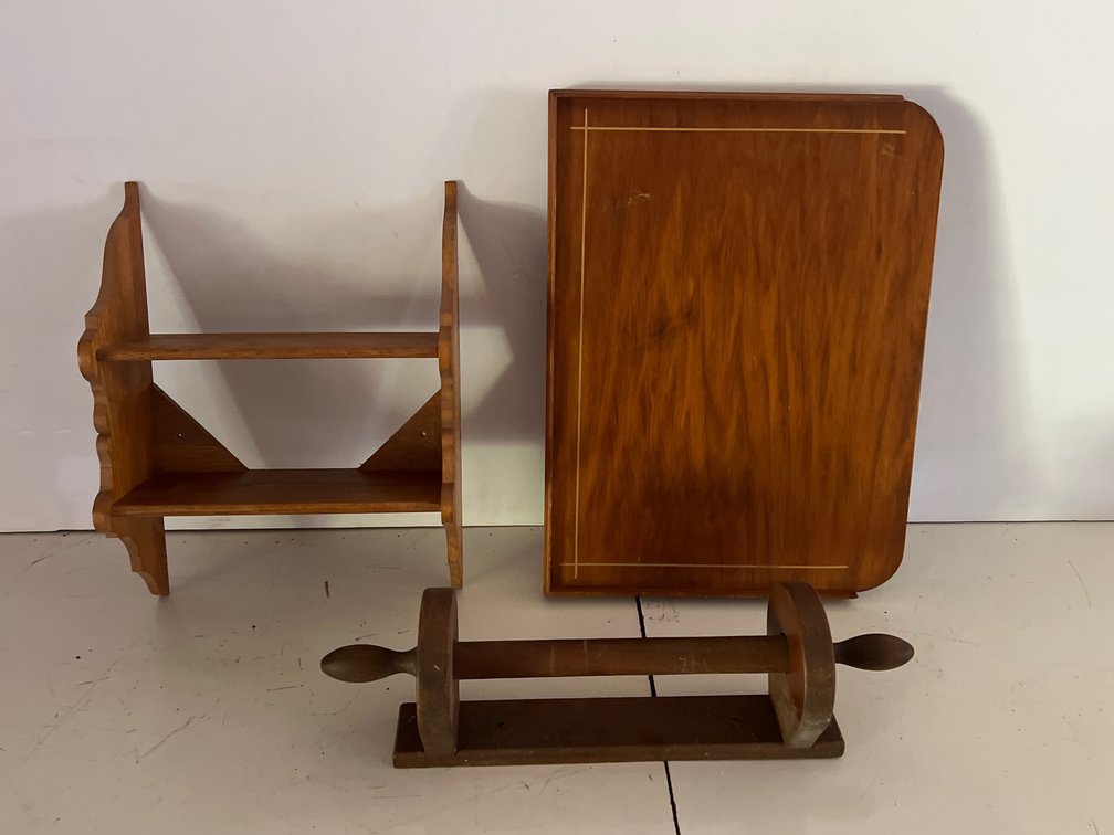 Wooden Wall Shelf, Folding Bed Tray, and Roll Holder