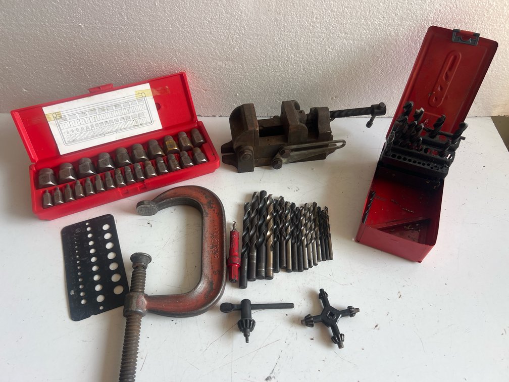 Mac Screw Extractor Set, Machine Vise, C-Clamp, and Drill Bits