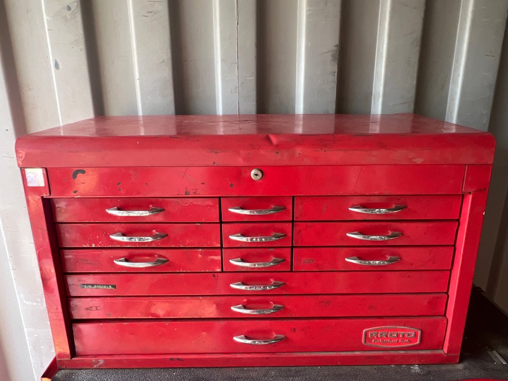 Red Metal Multi-Drawer Tool Chest, Hand Tools, and Hardware