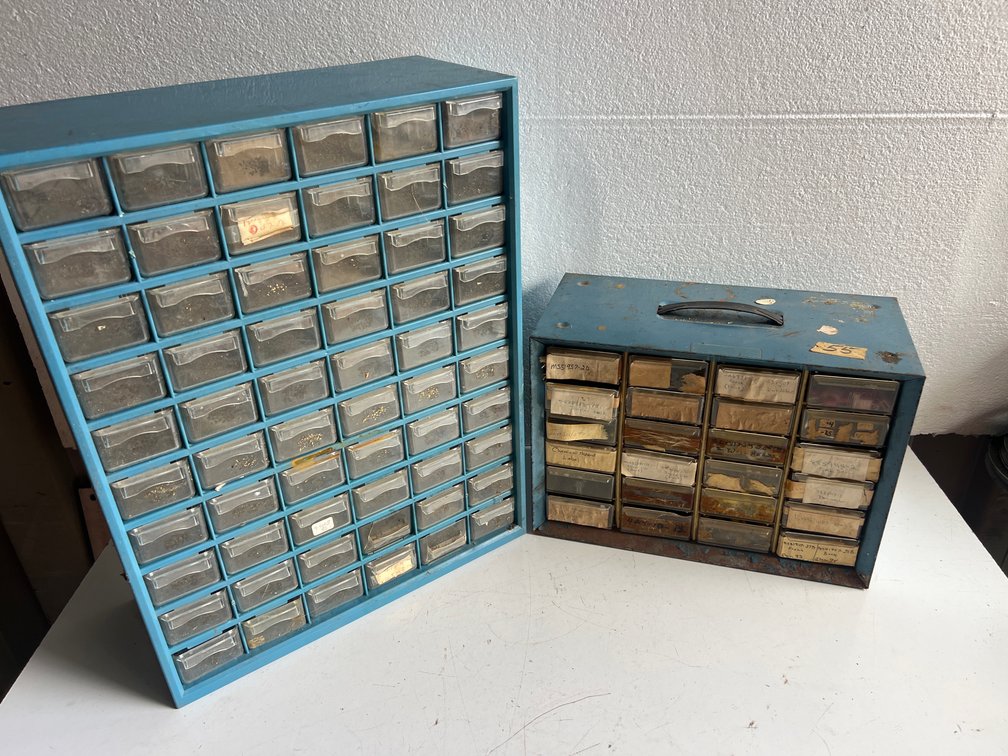 Blue Metal Multi-Drawer Parts Cabinets with Contents