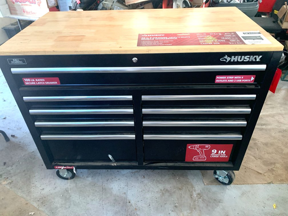 Husky 46 in. 9-Drawer Heavy-Duty Mobile Workbench with Solid Wood Top