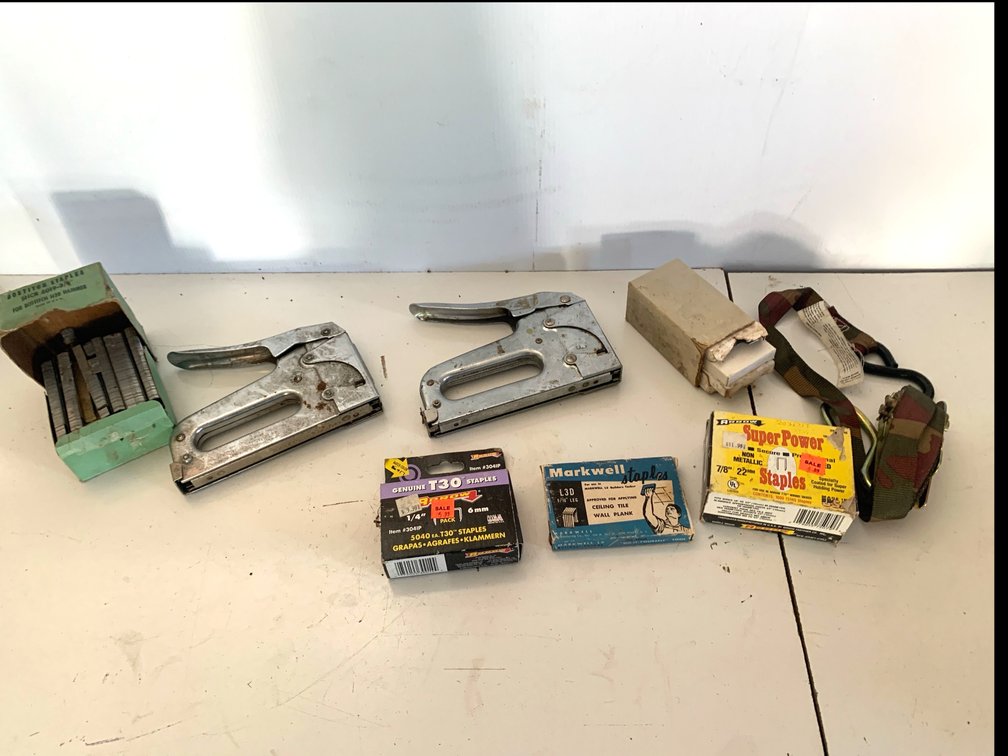 Arrow T-50 Staple Guns, Assorted Staples, and Tie-Down Strap