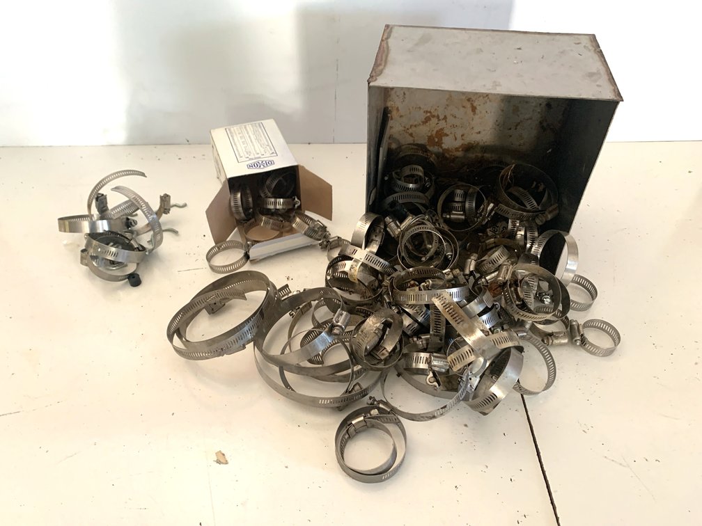 Worm Gear Hose Clamps and Metal Storage Bin