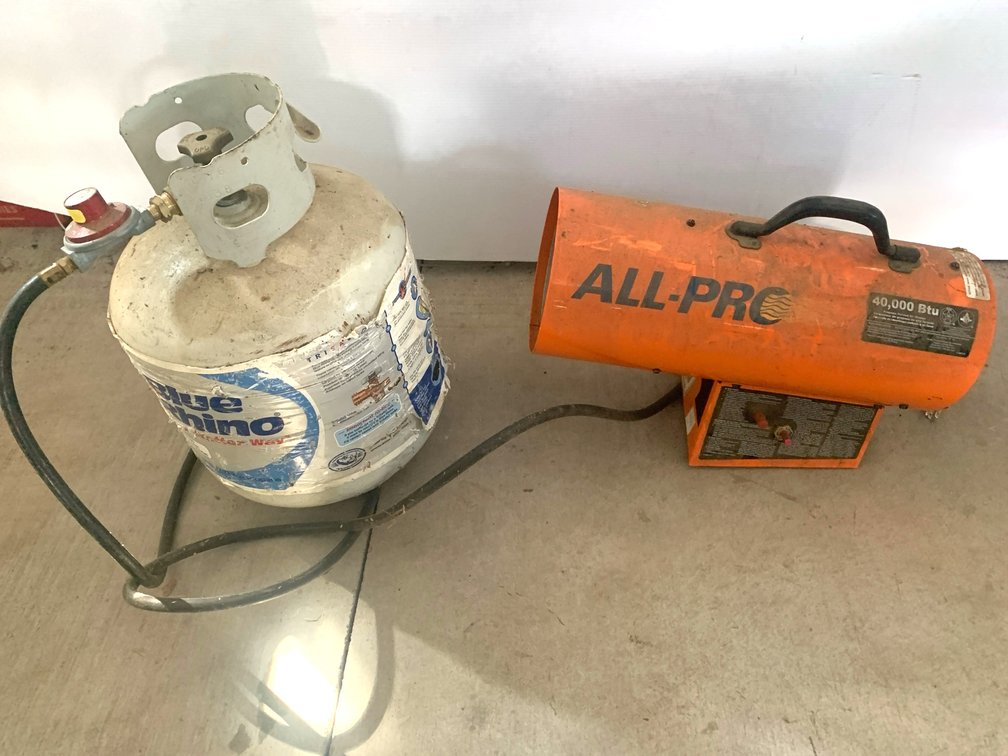 ALL-PRO Forced Air Propane Heater and Blue Rhino Propane Tank