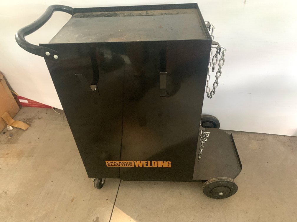 Chicago Electric Welding Rolling Cabinet Cart with Cylinder Tray & Contents