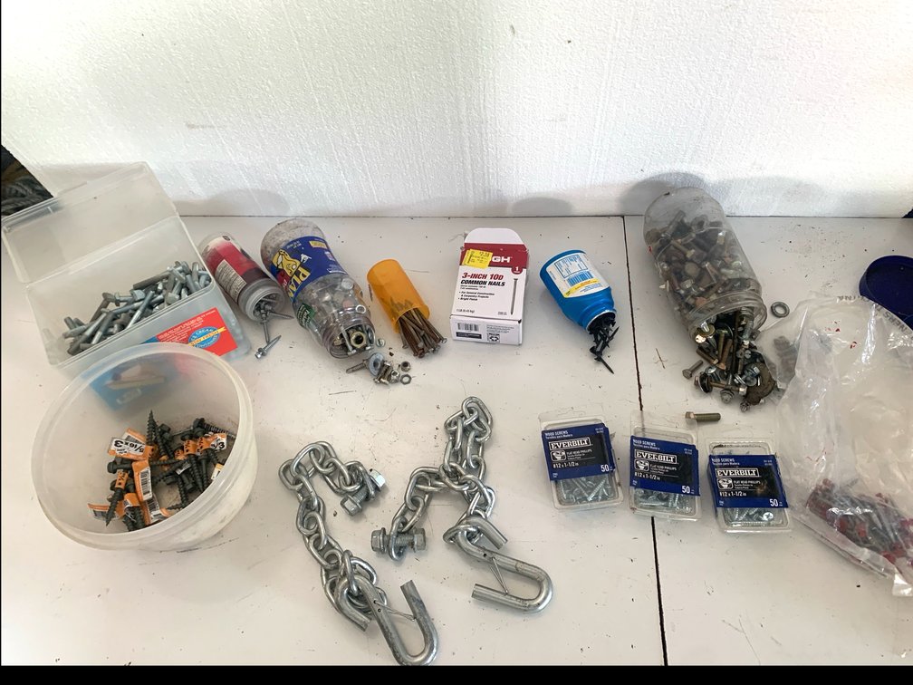 Hardware Lot with Chains, Wood Screws, Nails, and Fasteners
