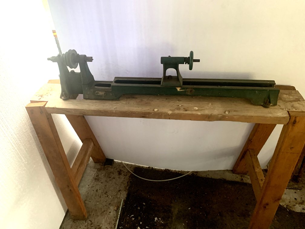 Cast Iron Wood Lathe on Wooden Stand