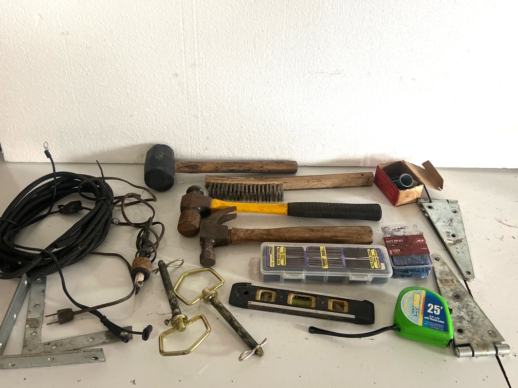 Hammers, Hinges, Hand Tools, and Electrical Supplies