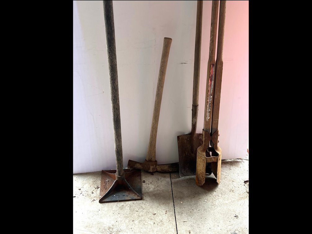 Tamper, Pick Mattock, Shovel, and Post Hole Digger