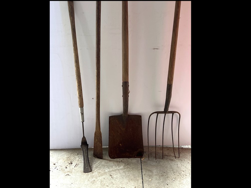 Pitchfork, Shovel, Serrated Edger, and Digging Bar