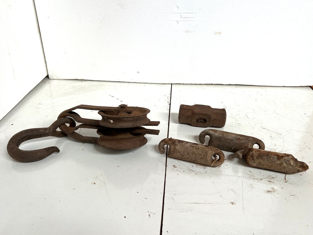 Iron Double-Sheave Pulley Block, Hammer Head, and Weights