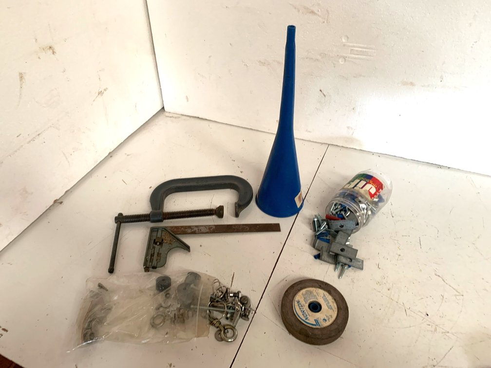Workshop Tools, Norton Grinding Wheel, C-Clamp, and Hardware
